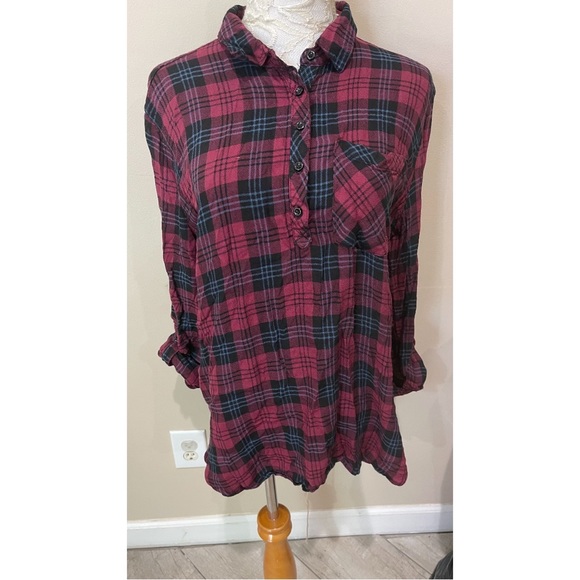 I’d : 23 Womens Red Plaid Collar Button Roll Sleeve Shirt Size L - Picture 5 of 5